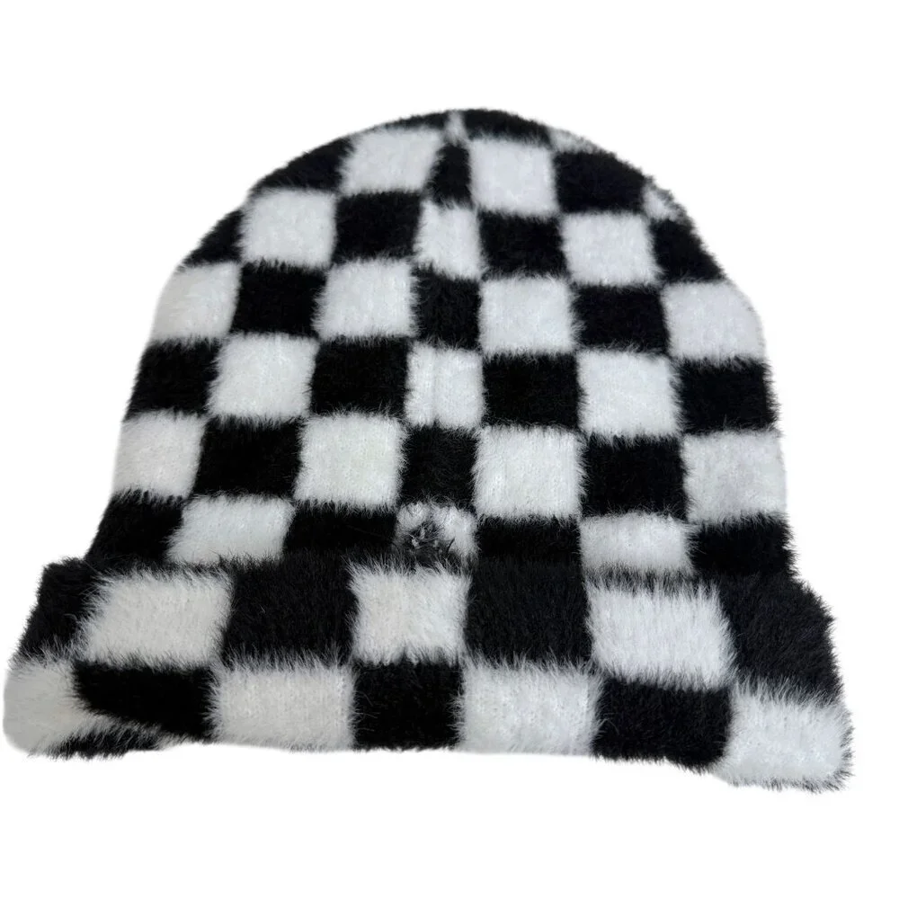 HERSCHEL Polson Faux Mohair Beanie Black White Hat Checkerboard Harlequin